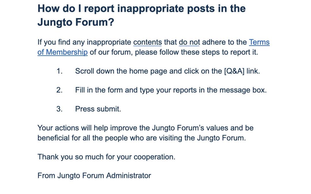 How do I report inappropriate posts in the Jungto Forum?