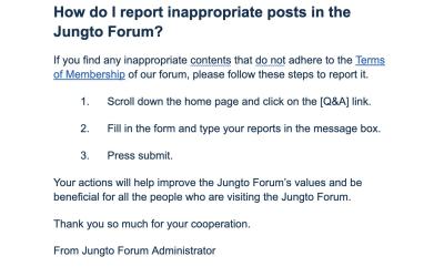 How do I report inappropriate posts in the Jungto Forum?