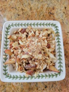 #2023missionimpossible I made a cabbage and an apple salad with nuts using olive oil, vinegar, and grinded sesame seeds. I am working on making/eating small portions at a time. My food consumptions were heavy that I was still eating even though I was full. I am taking this opportunity to be aware of my food habit and to change negative ones to more constructive and helpful ones. I ask myself, 